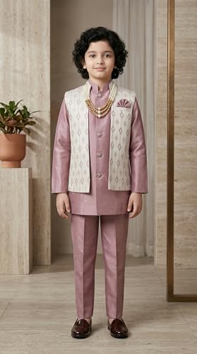 Image of AHHAAAA Kids Ethnic Cotton Silk Blend Sequin Print Indo-Western Sherwani Set for Boys 496MF