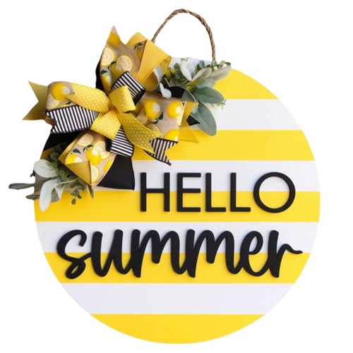 Hello Summer Wreaths Wooden Door Sign for Front Door with Bow Rustic Summer Door Decorations Hanging for Holiday Farmhouse Home Office Shop Window