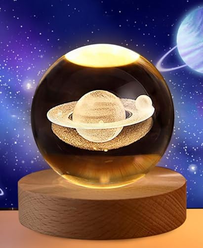 RUISTLI Lampara de Luna-Galaxia-Saturno-Sistema solar,Luna 3d Esfera Luna Crystal Glass Ball,Adecuado Como Luz de Noche y Lampara de Mesa de...