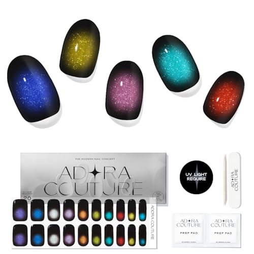 Adora Couture Semi Cured Gel Nail Strips with 20 Pieces, Salon Quality Nail Wraps for Women, Colorful Cateye Tip UV Gel Nail Stickers, UV Light Required, Gemstone