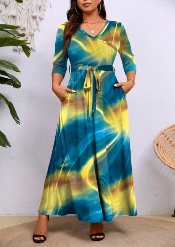 Image of Runwind Plus Size Maxi Dress for Curvy Women Flowy Wrap with Pockets