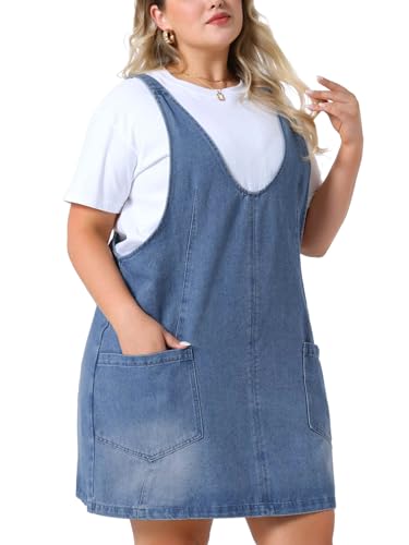 Image of Agnes Orinda Plus Size Denim Overall Dress for Women Sleeveless V Neck Denim Jumper Dress with Pocket