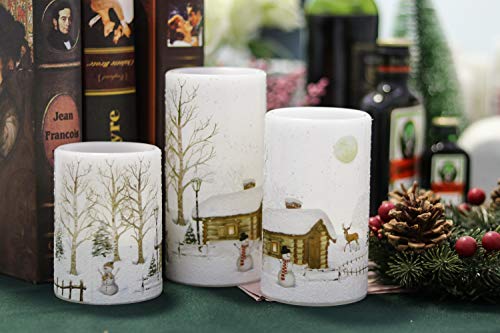 Image of Eldnacele Snowman Christmas Deco Flameless Flickering Candles with Automatical Daily Cycle Timer, White Battery-Operated LED Pillar Candles Snowman Decals 3 Pack (D3 inch x H 4 inch 5 inch 6 inch)