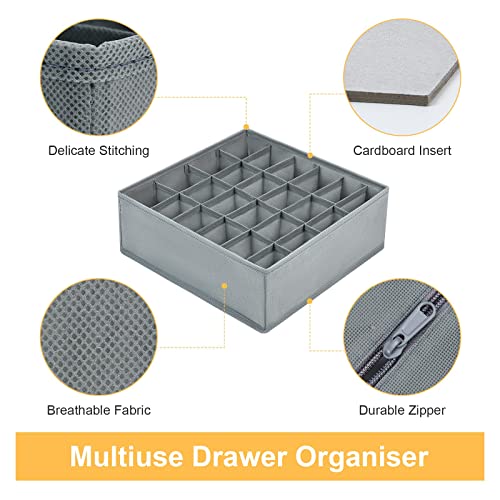DIMJ Unterwäsche Socken Organizer - 2er Set, 48 Fächer (2x24) Schrank Schubladen Organizer, Faltbare Ordnungssystem Kleiderschrank, Aufbewahrungsboxen Kleidung, für kommode, Krawatten, Grau
