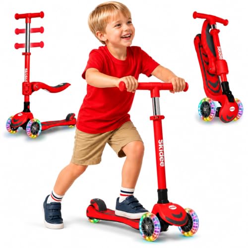 Image of SKIDEE Kick Scooter for Kids Ages 3-5 | Foldable 3 Wheel Scooter with Lean-to-Steer, Adjustable Height, Removable Seat & LED Light Wheels | Toddler Scooter Up to 12 Year Old Boys /Girls