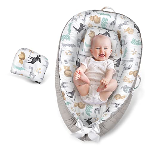Image of Baby Lounger Cover Ultra Soft 100% Cotton & Breathable Baby Nest Cover for Co Sleeping, Adjustable Portable Newborn Lounger Baby Bed Cover Perfect for Traveling and Napping(Grey Animal)