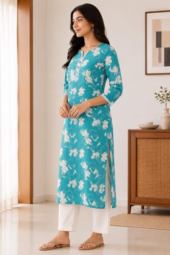 Image of ZAYRON Women's Rayon Printed Straight Kurti for Women | Round Neck with V-Cut | 3 /4 Sleeve | Casual Ethnic Wear Kurta