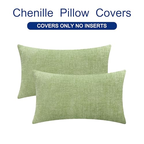 Image of CaliTime Pack of 2 Cozy Bolster Pillow Covers Cases for Couch Sofa Home Decoration Solid Dyed Soft Chenille 12 X 20 Inches Sage,Green | Pack of 2, For Couch Sofa, Home Decoration