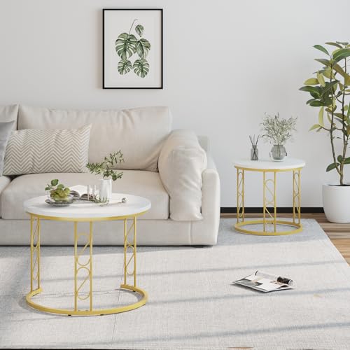 Image of Garden 4 you Coffee Table Faux Marble Nesting Table for Small Place 2 Sets Modern Furniture Living Room Sets End Side Table Night Stand for Bed Room Dining Room (White & Gold)