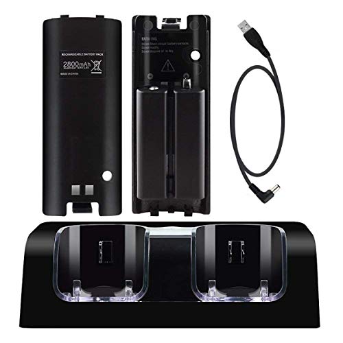 Fesatccoz 2-en-1 Station de Recharge pour Manettes Wii, Station de Recharge pour Deux Manettes Comprend 2 Piles Rechargeables de 2800 Mah Chargeur Automatique...