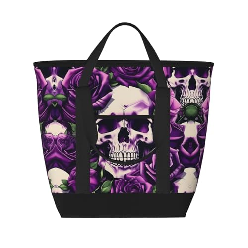 many Purple Rose Skull Print Tote Bag Adult Heavy Duty For Picnic Beach Camping Large Capacity Insulated Tote Bag