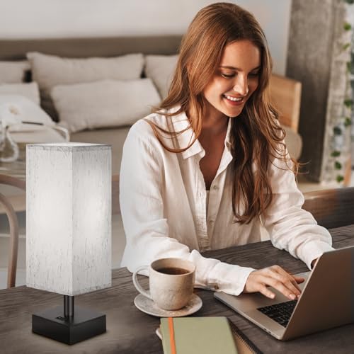 Image of DEGNJU Small Bedside Lamp, Mini Minimalist Table Lamp with Square Flaxen Fabric Shade, 11 Inch Desk Reading Lamp for Bedroom, Living Room, Office, 2 Pack