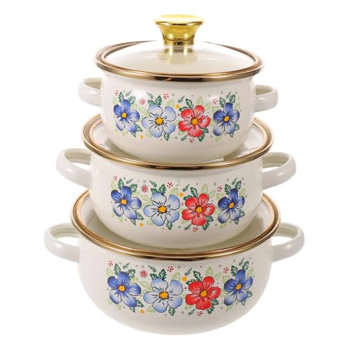 ibasenice Juego de 3 ollas esmaltadas: mini cacerolas con tapa de vidrio - Cacerolas con diseño floral - Asas dobles - Ollas pequeñas para cocinar leche, sopa, gachas de avena (12/14/16 cm)