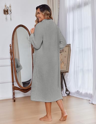 Image of Ekouaer Women Zipper Robe Fleece Long Sleeves Bathrobe Sleepwear Warm Soft Housecoat with Pockets Zip Up House Dresses