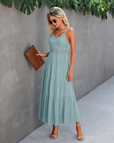 Image of Dokuritu Women's Beach Crochet Lace Maxi Dress Solid Color Summer Vacation Wedding Guest Spaghetti Strap Long Dress