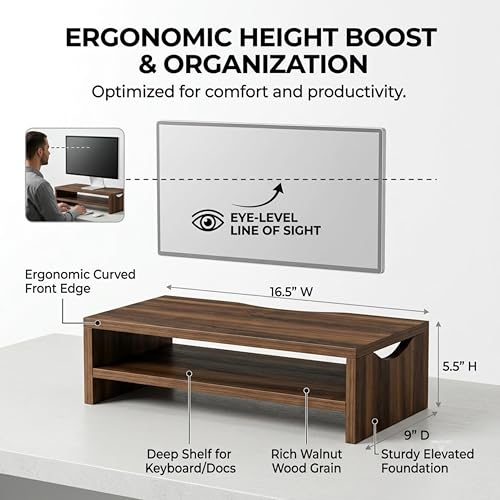 Image of Home Sparkle Monitor Stand Riser, 2 Tiers Laptop Computer Monitor Riser for PC Screen, iMac, Desktop Wooden Screen Monitor Stand Riser with Storage Organizer for Home Office