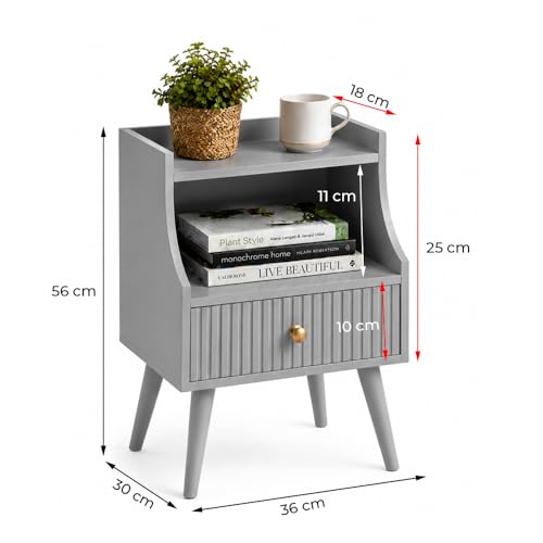 Image of ETIQUETTE ART Modern Fluted Nightstand with Drawer and Open Storage Shelf, Bedside Table with Round Edge, Boho Night Stand with Solid Wood Legs & Knob Handle End Table for Bedroom (Grey)