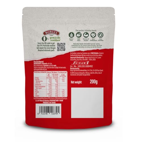 Image of Borges ZPR Almonds - Roasted with Skin 200 gm | Zero Pesticide |Premium Spanish Variety | Crunchy & Rich Flavour