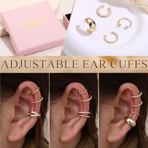 FUNRUN JEWELRY Ear Cuff Earrings for Women Non Piercing 14K Gold Plated Ear Cuffs Non Pierced Adjustable Fake Earrings 3-4PCS3