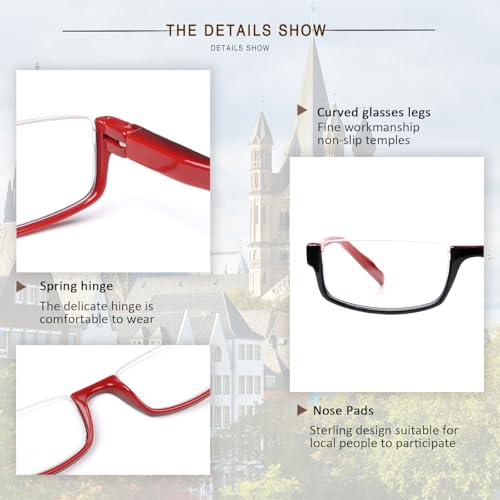 Image of Henotin 4 Pair Reading Glasses for Women Men Readers Half Moon Frame Blue Light Blocking Spring Hinge Eyeglasses (Mixed Color, 3.50, x)