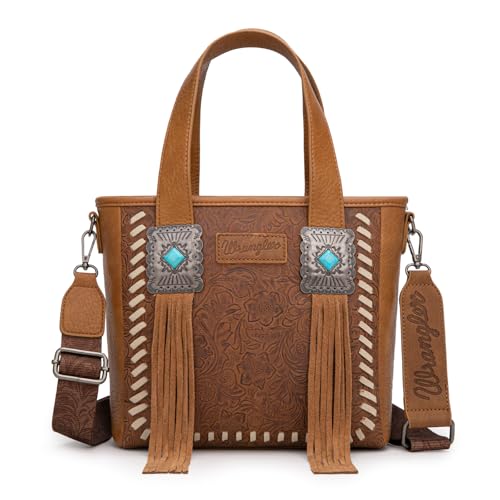 Image of Montana West Wrangler Cowhide Tote Bag for Women Western Tooling Handbag Leather Fringing with Turquoise Stone Concho