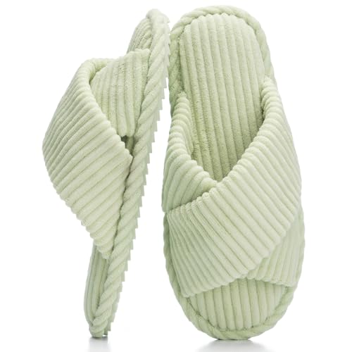 Image of GOEWY Slippers for Women Memory Foam House Bedroom Corduroy Crossbands Open Toe Slides Sandals Shoes Comfy Trendy Gift for womens Anti-Skid sole
