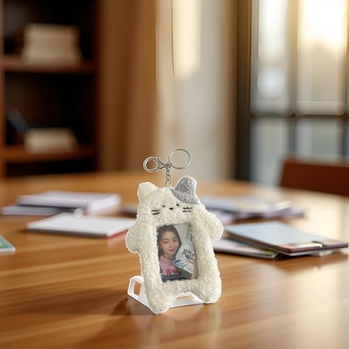 White Plush Rabbit Photocard Holder with Keychain, Cute Cartoon Plush Photocard Holder- ID Card Cover Protective Card Rabbit Identification Badges Supplies, Car Keychain, Business Card Holders3