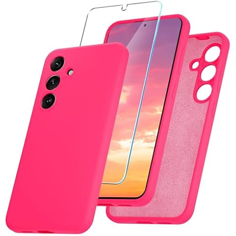 YENAPOON for Samsung Galaxy S24 FE / A55 5G Case, Silicone Phone Case with 1 Screen Protector, Soft Anti-Scratch Microfiber Lining, Full Body Shockproof Slim Cover Support Wireless Charging, Hot Pink Cover
