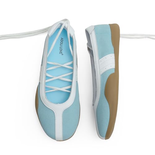 Adolilove Womens Sneaker Flats Comfortable Business Casual Lace Up Mary Jane Style Tennis Shoes with Ballet Inspired Design Lightweight Retro Fashion Walking Shoes Blue 8.5