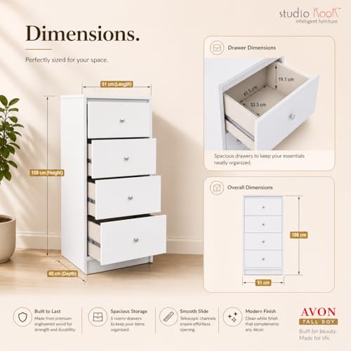 Image of Studio Kook Engineered Wood Avon Tallboy Chest of Drawers, 4 Drawers, Matte Finish (Moonshine White)