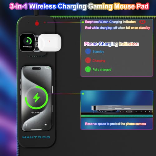 Image of HAUTOCO Wireless Charging Mouse Pad, RGB Large Gaming Desk Mat | 31.5 inchx15.75 inch Desk Pad, 15W Fast Charge, 15 RGB Modes, Smooth Surface, Waterproof, Non-Slip Base, Gaming & Office