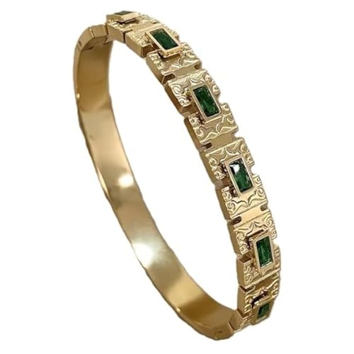 Green Zircon Bangle Bracelet - 18K Gold-Plated Vintage European Design - Stainless Steel Charm Bangle for Women - Designer Jewelry Gift Box