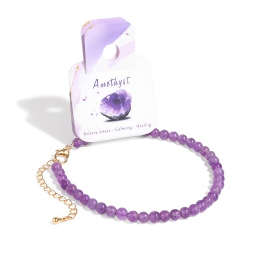 Bolinailo Natural Stone Beaded Anklets for Women Handmade Boho Amethyst 4mm Crystal Beads Anklet Gold Chain Adjustable Ankles Bracelet Beach Summer Jewelry Gift