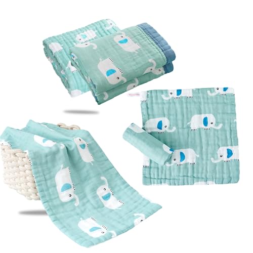Image of BEMBIKA Fleece Throw Baby Swaddle Blanket, Muslin Burping Cloth and Cotton Washcloths Face Towel Combo for Newborn Infants - Sage Elephant (Pack of 3)