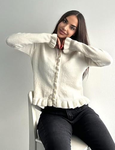 Wyeysyt Womens Cropped Cardigan Sweaters Ruffle Hem Crewneck Button Down Knit Fall Sweater Long Sleeve Soft Cardigan Tops2