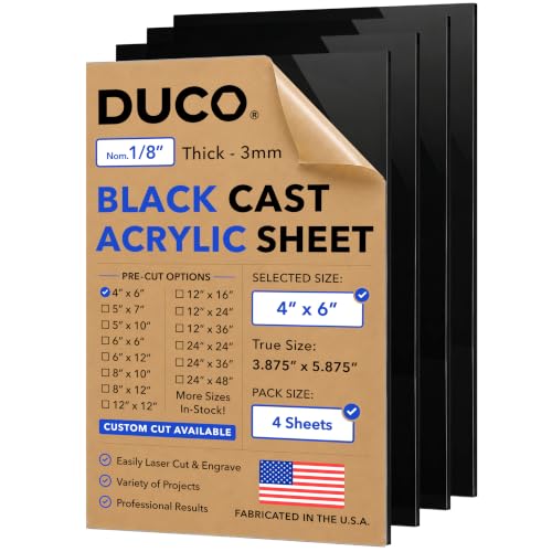 Duco 1/8" Black Cast Acrylic Sheets, 4"x6" Plexiglass Sheets, 4 Pack