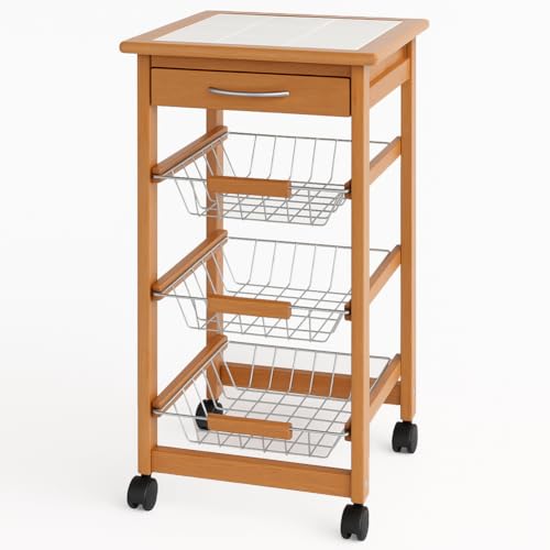 BAKAJI Carrello Cucina in Legno con 3 Cestelli Acciaio e Ripiano Top in Ceramica Bianca 9 Mattonelle, Tavolino da Portata Servizio Multiuso con 4 Ruote girevoli