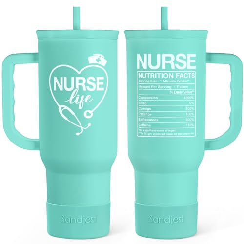 SANDJEST Nurse Gift Tumbler 40oz with Handle and Straw – Nutrition Facts Insulated Stainless Steel Travel Coffee Mug for Nursing Friends - Gifts for Nurse Week, Appreciation, Birthday, Christmas