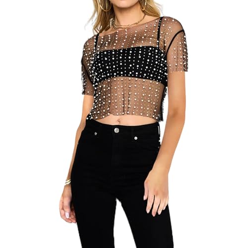 Women Pearl Rhinestone Sheer Mesh Crop Tee Top Sexy See Through Short Sleeve Slim Fit Crop T-Shirt Club Summer3