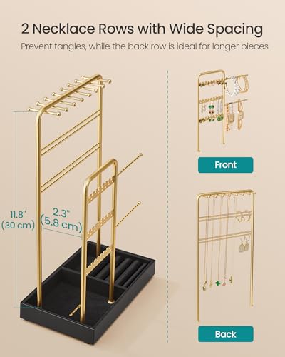 Image of SONGMICS Jewelry Holder, Jewelry Organizer Display Stand with Metal Frame, Velvet Tray, Necklace Earring Bracelet Holder, for Studs, Rings, Gift Idea, Pale Gold and Ink Black UJJS021AB02