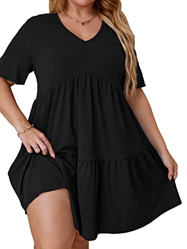 SOLY HUX Women's Plus Size V Neck Short Sleeve A Line Ruffle Hem Babydoll Flowy Dress