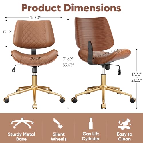 Image of Armless Office Chair with Back, Mid Century Modern Small Desk Chair, No Arms Leather Computer Chair for Home Office, Swivel Vanity Chair, Rolling, Adjustable Height (Light Brown)