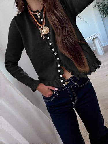 Image of Saodimallsu Womens Ruffle Cardigan Sweaters Button Up Crew Neck Long Sleeve Cropped Sweater Cute Soft Knit Tops