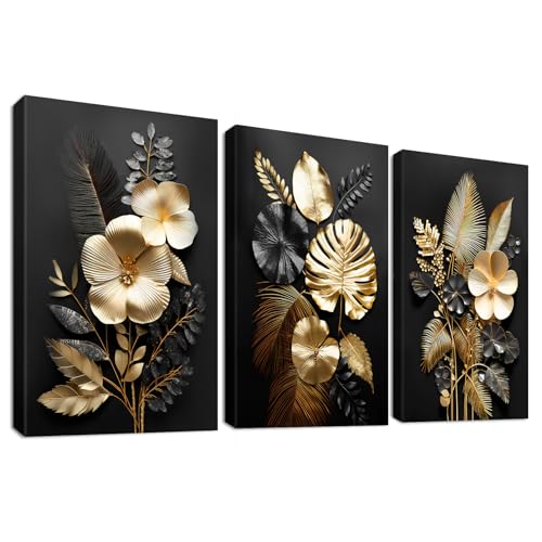 3 Panels 3D Schwarz Gold Blumen Mit Rahmen Leinwand Bilder Monstera Kokosnuss Blätter Bild auf Leinwand Malerei Poster Wandbilder Wohnzimmer Schlafzimmer Badezimmer Wanddeko 90x40cm (12x16x3pcs)
