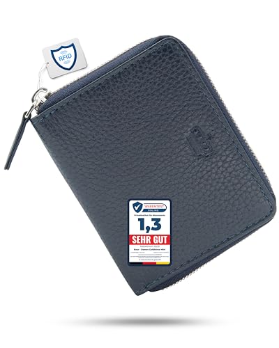 Baur Damen Geldbörse klein – Echtes Leder mit RFID-Schutz – Kleines Portemonnaie mit 6 Kartenfächern und Rundumreißverschluss (Silber Reißverschluss, Dunkelblau)