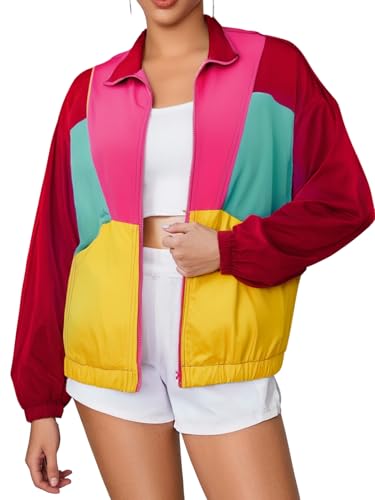 Wdirara Women'S Color Block Zip Up Lightweight Jacket Patchwork Sporty 80S Windbreaker Jacket Red Medium