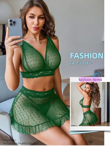 Avidlove Lingerie Skirts Set for Women Sexy Lingerie Naughty Outfits Green - image 5