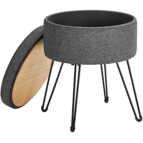 SONGMICS Sitzhocker, runder Hocker mit Stauraum, Aufbewahrungsbox mit Deckel, 13,4L, Fußablage, Metallbeine, gepolsterter Sitz Cover