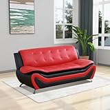Black & Red Faux Leather 3-Piece Couch Living Room Sofa Set,Modern Sofa Set (3-Seater Sofa with Metal Chrome feet)