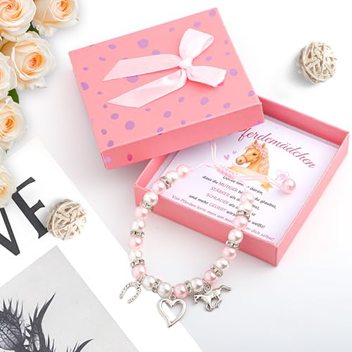 Pferde Geschenk für Mädchen - Verstellbares Glücksarmband mit Hufeisen, Herz und Rosa Perlen | mit Namensschreibbarer Glückwunschkarte & Geschenkbox | Ideal für Kommunion, Geburtstag und Schulanfang